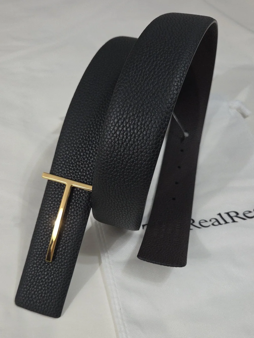 Tom Ford Black Leather Belt Gold T Accent Buckle